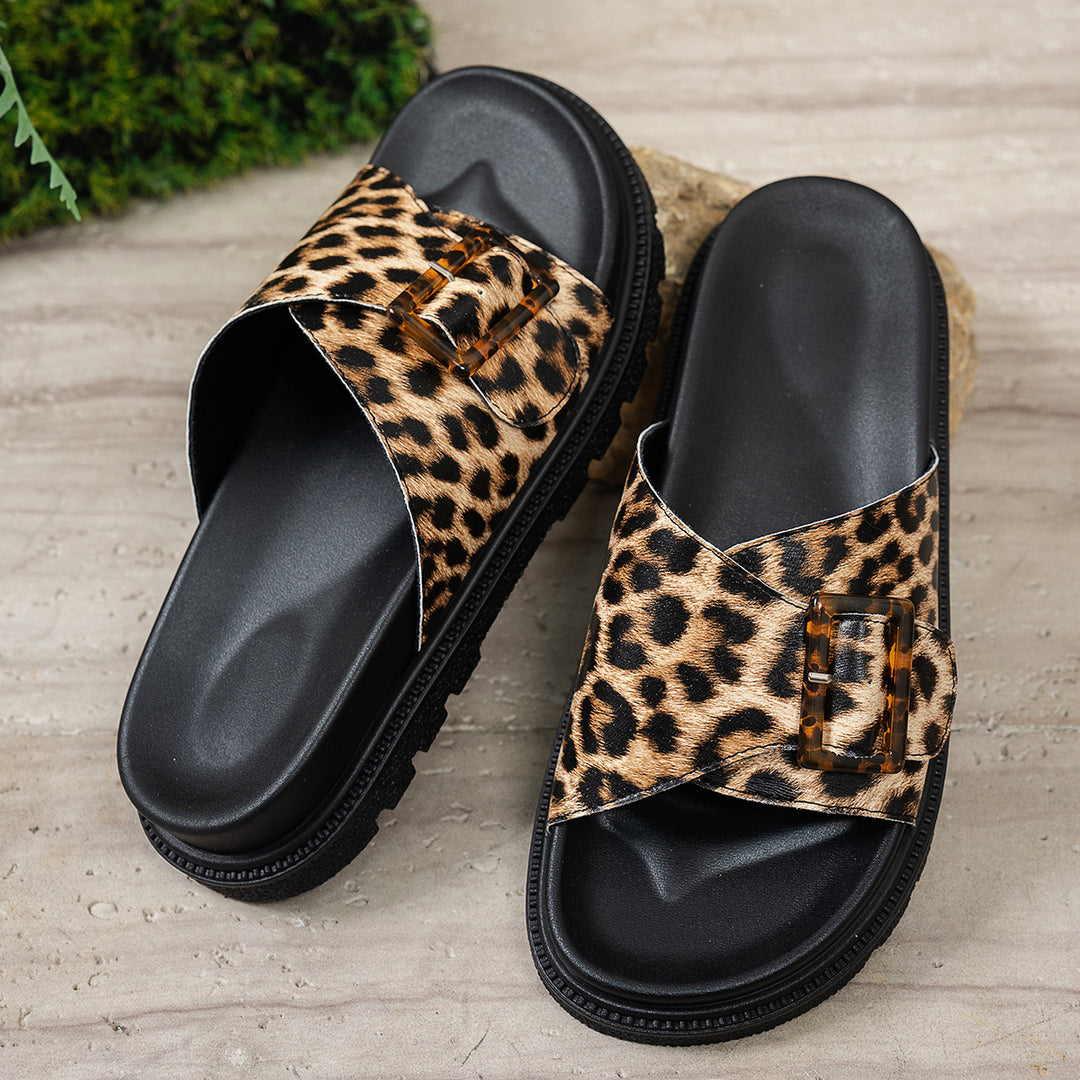 Damen stylische Slide-Sandalen mit Leopardenmuster und modischem Schnallen-Design EB