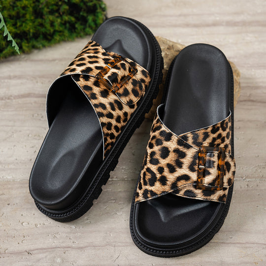 Damen stylische Slide-Sandalen mit Leopardenmuster und modischem Schnallen-Design EB