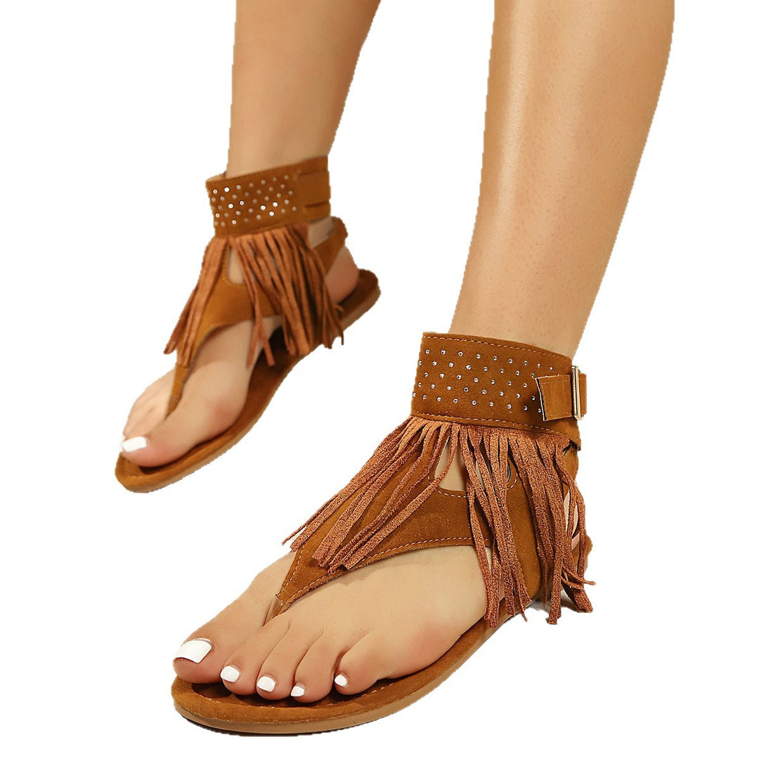 Damen Fransen-Sandalen mit funkelnden Nieten und bequemer Sohle EB