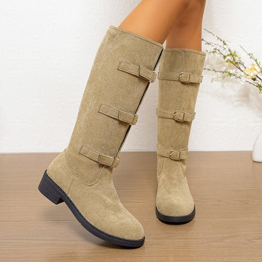 Damen Modische Stiefel mit dekorativen Schnallen und komfortablem Blockabsatz EB