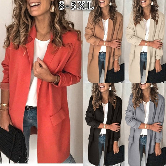 Damen stylische lange Jacke mit klassischem Revers EB