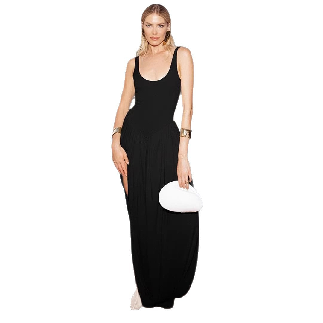 Damen Fließendes Maxikleid mit tiefem Ausschnitt und seitlichem Schlitz EB