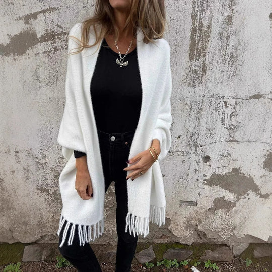Damen nan langer kuscheliger Fransen-Cardigan mit Schalkragen und Oversize-Passform EB
