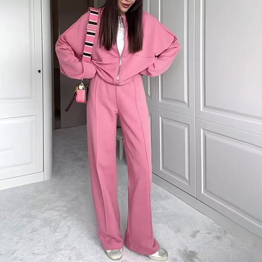 Damen nan kurz geschnittenes Blouson mit Reißverschluss und weiter High-Waist Jogginghose Set EB