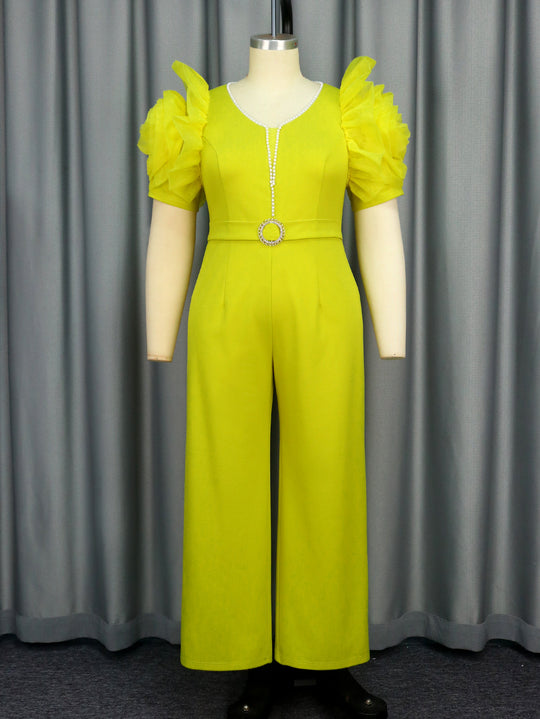 Damen eleganter Jumpsuit mit voluminösen Puffärmeln und Perlenakzent EB