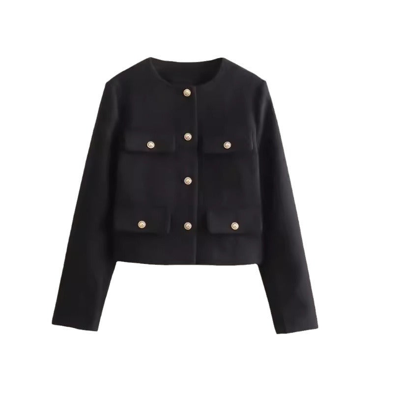 Damen kurzärmlige Utility-Jacke mit aufgesetzten Taschen und dekorativen Knöpfen EB