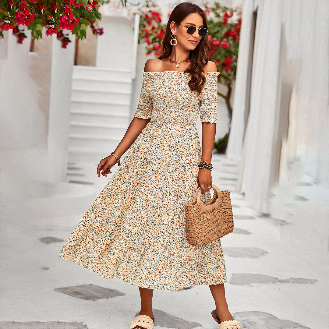 Damen Off-Shoulder Maxikleid mit floralem Design und schwingendem Saum EB