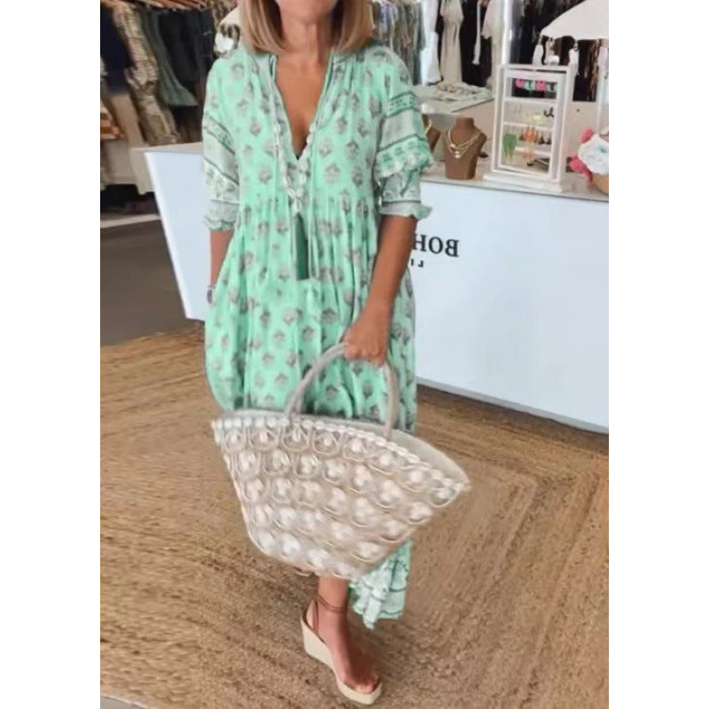 Damen Boho-Stil Kleid mit geflochtener Schnürung und handgefertigten Details EB