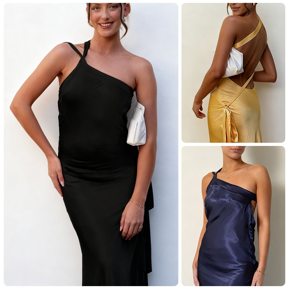 Damen elegantes Maxikleid mit asymmetrischem Halterdesign und schimmerndem Satin EB