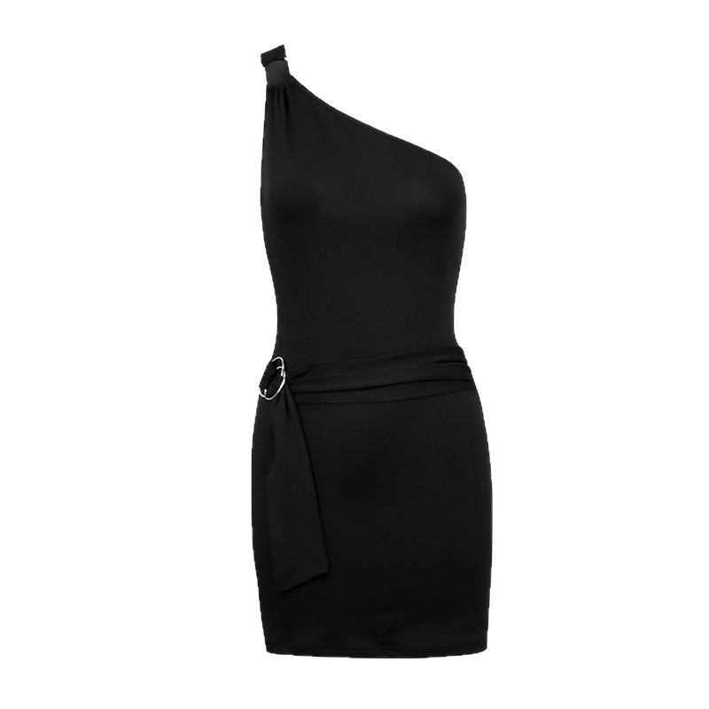 Damen Einseitig Schulterfreies Minikleid mit dekorativem Taillengürtel EB