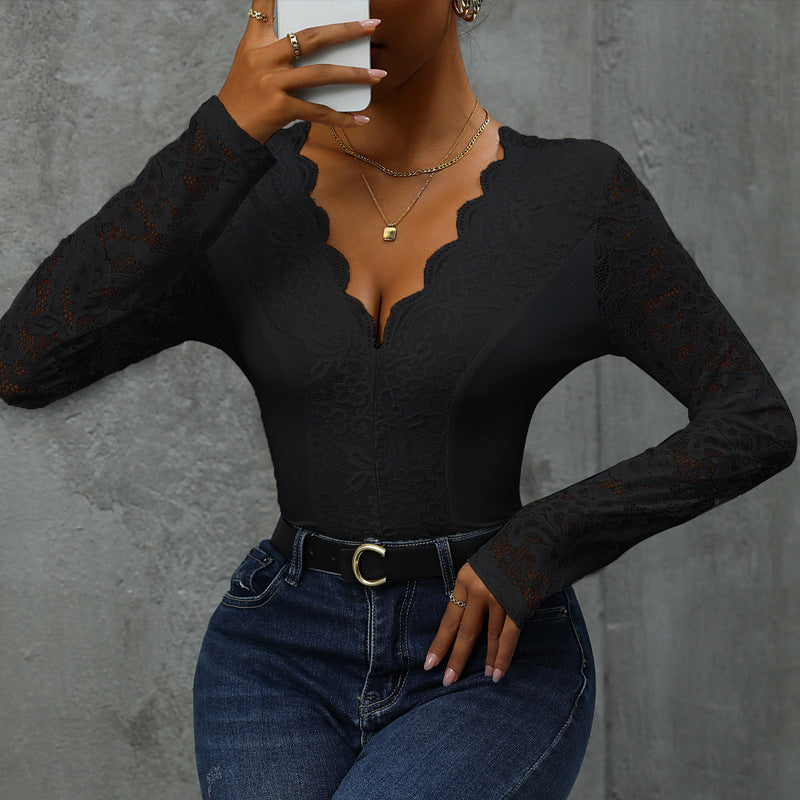 Damen Spitze Bodysuit mit V-Ausschnitt und langen Ärmeln EB
