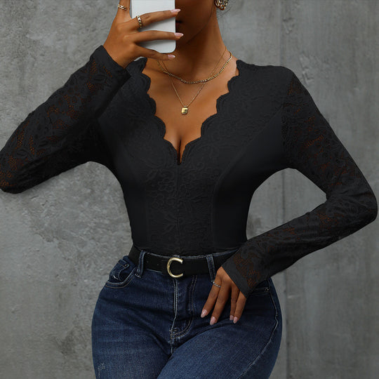 Damen Spitze Bodysuit mit V-Ausschnitt und langen Ärmeln EB