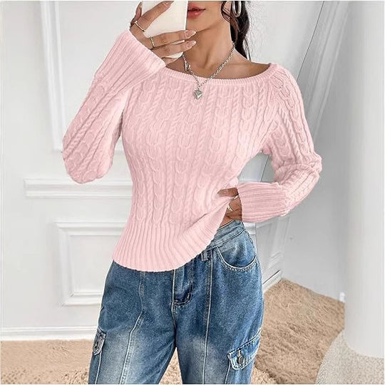 Damen Strickpullover mit elegantem Zopfmuster und italienischem Rundhalsausschnitt EB