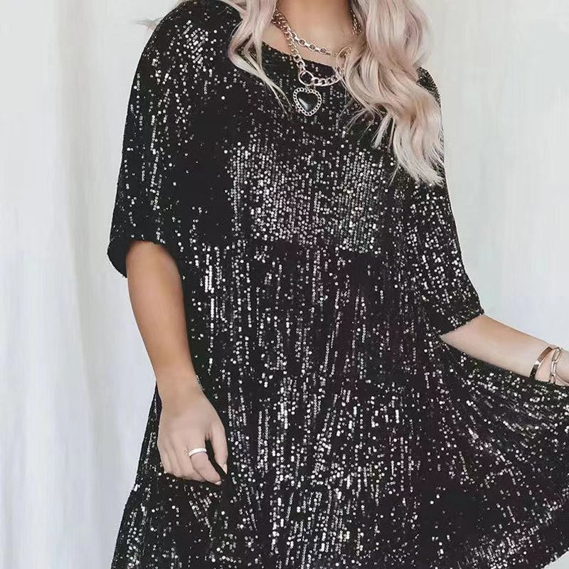 Damen funkelndes Mini-Kleid mit Pailletten und weitem Schnitt EB