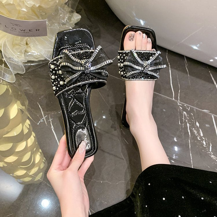 Damen Glamouröse Pantoletten mit funkelndem Schleifenakzent EB