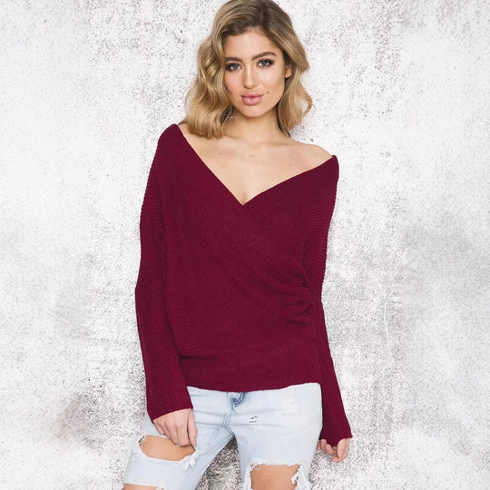 Damen Wickelpullover mit offenem Design und tiefem Ausschnitt EB