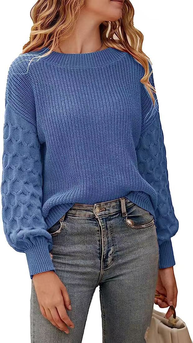 Damen modischer Strickpullover mit strukturierten Ärmeln und Rundhalsausschnitt EB
