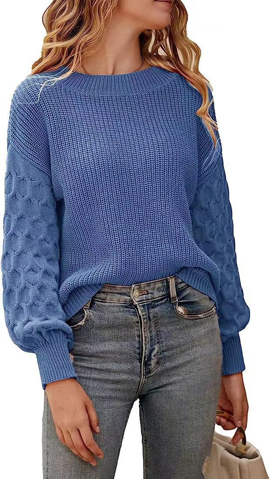 Damen modischer Strickpullover mit strukturierten Ärmeln und Rundhalsausschnitt EB