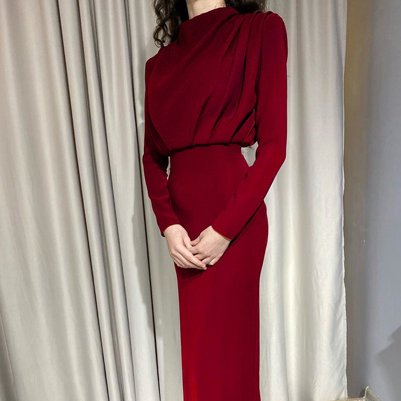 Damen nan elegantes Midikleid mit Drapierter Wasserfall-Front, taillierter Bleistift-Silhouette und langen Ärmeln EB