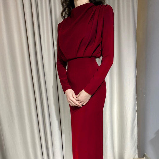 Damen nan elegantes Midikleid mit Drapierter Wasserfall-Front, taillierter Bleistift-Silhouette und langen Ärmeln EB