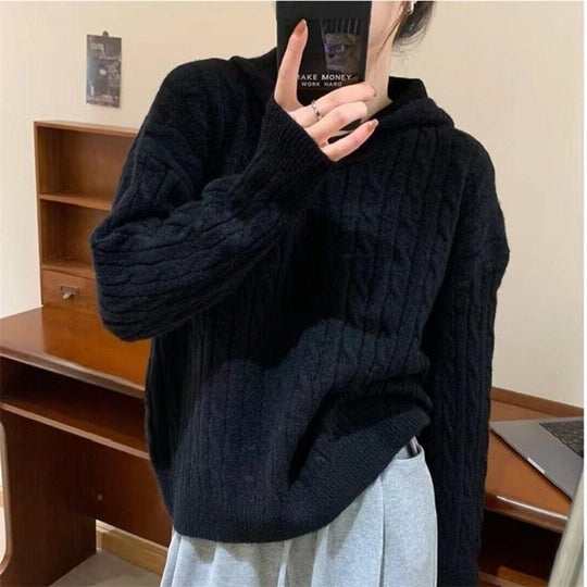Damen Kuscheliger Strickpullover mit Kapuze und Kabelmuster EB