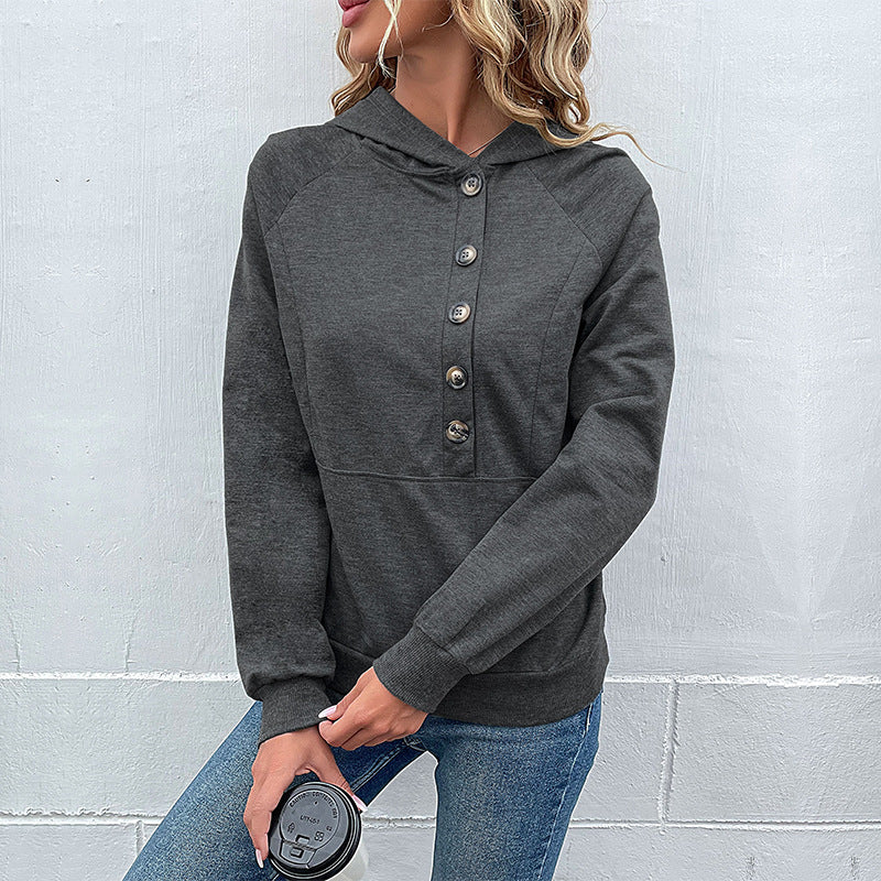 Damen lässiger Kapuzenpullover mit Knopfleiste und Raglanärmeln EB
