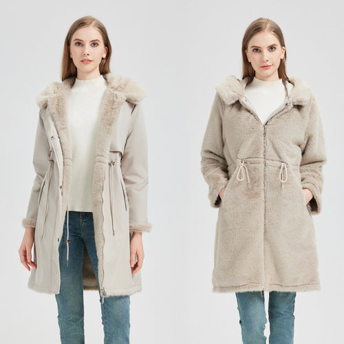 Damen Eleganter und warmer Parka mit abnehmbarem Kunstfellkragen und praktischen Schnürdetails EB