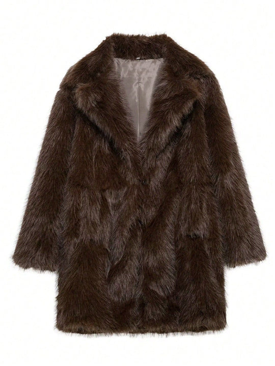 Damen luxuriöse Kunstfelljacke mit weichem Revers und großen Taschen EB