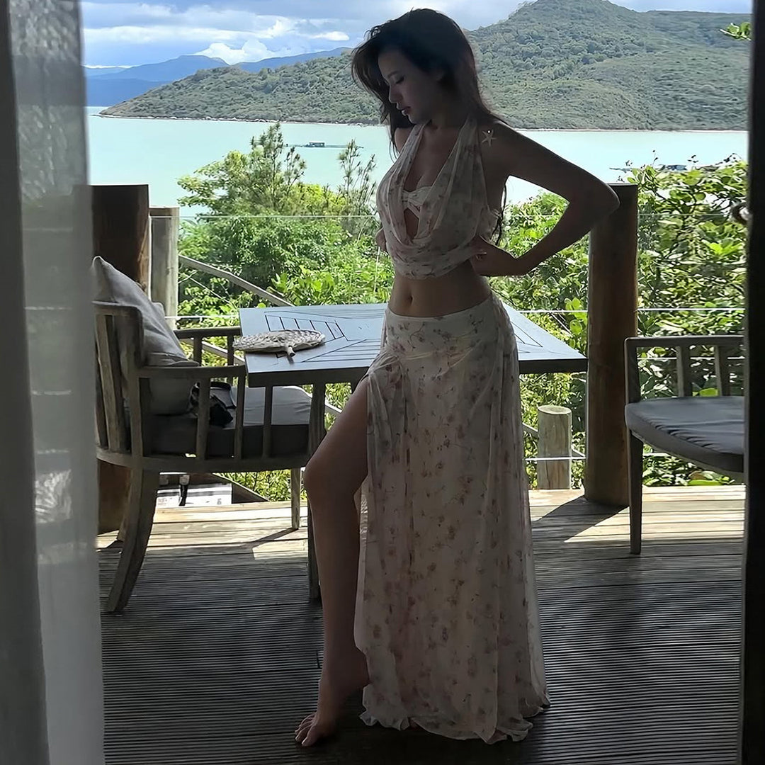 Damen Maxikleid mit floralem Drapierungsdesign EB