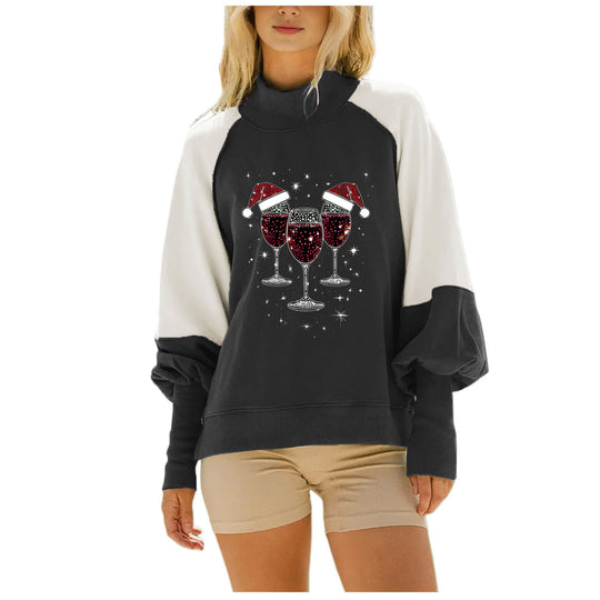 Damen nan oversized Raglan-Sweatshirt mit Stehkragen und funkelndem Weihnachts-Strassprint EB