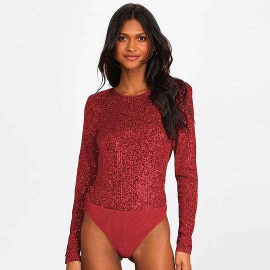 Damen Funktionsreicher Pailletten-Bodysuit mit langem Arm EB