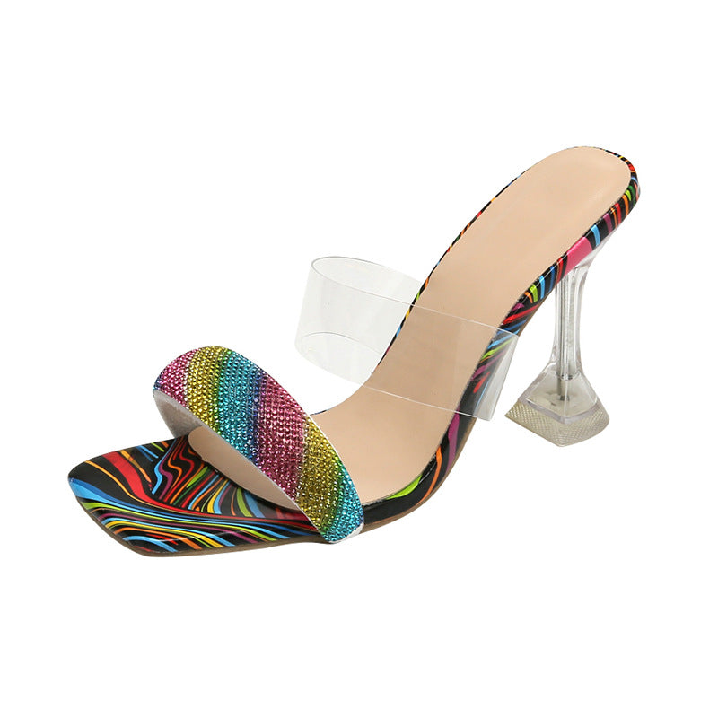 Damen modische Sandalen mit transparenten Trägern und funkelndem Strass EB