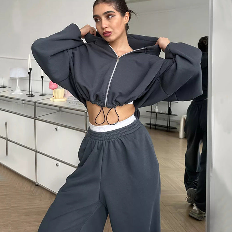 Damen nan cropped Reißverschluss-Hoodie mit Tunnelzugsaum und weitem Sweatpants-Schnitt EB