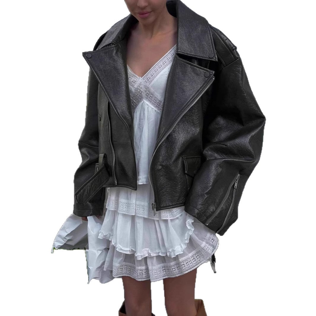 Damen Oversized Kunstlederjacke mit asymmetrischem Reißverschluss EB