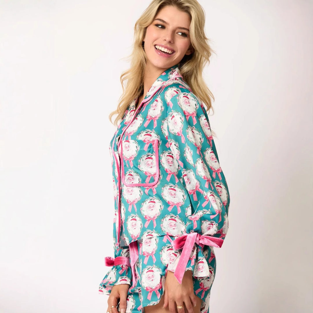 Damen nan verspieltes zweiteiliges Pyjama-Set mit Volantärmeln, Kordelzug und Brusttasche EB