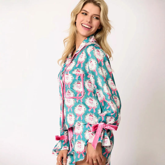 Damen nan verspieltes zweiteiliges Pyjama-Set mit Volantärmeln, Kordelzug und Brusttasche EB