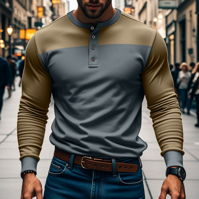 Herren modisches Langarmshirt mit Knopfleiste und strukturiertem Oberteil EB