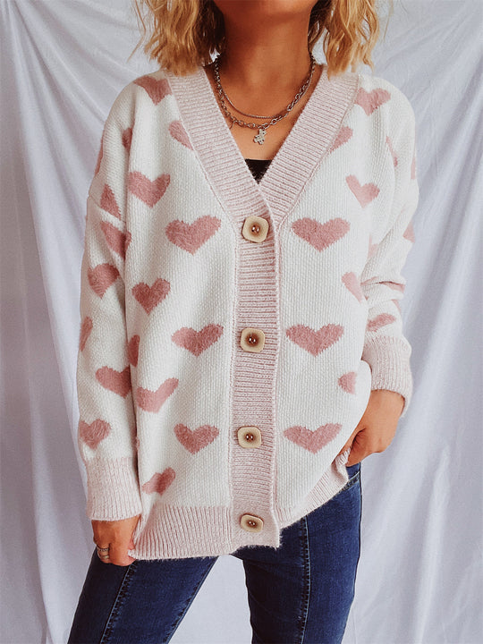 Damen Strickjacke mit herzförmigem Muster und knöpfbarem Design EB