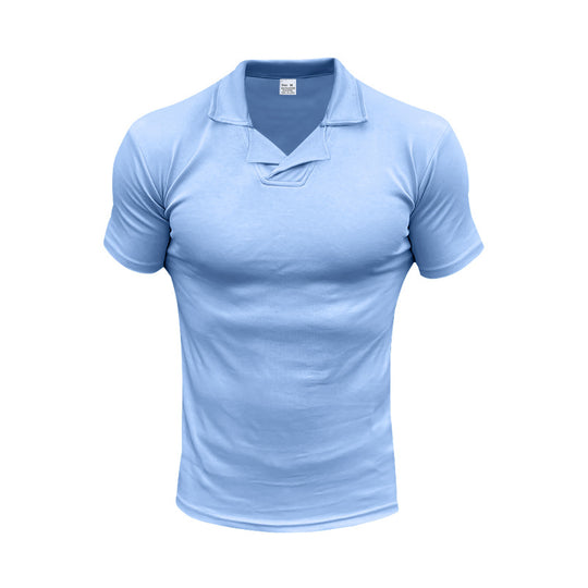 Herren nan schmal geschnittenes Kurzarm-Polo mit offenem Hemdkragen und elastischem Baumwollstretch EB