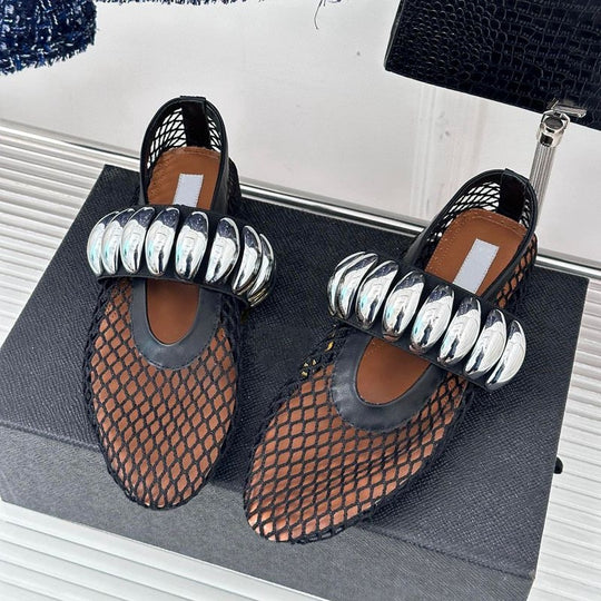 Damen Ballerinas mit glitzerndem Riemen und luftiger Netzoberfläche EB
