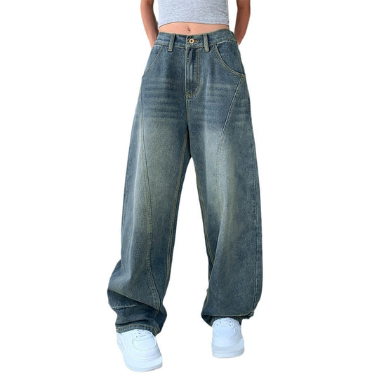 Damen Weite High-Waist Jeans mit markanten Steppnähten und weitem Schnitt EB