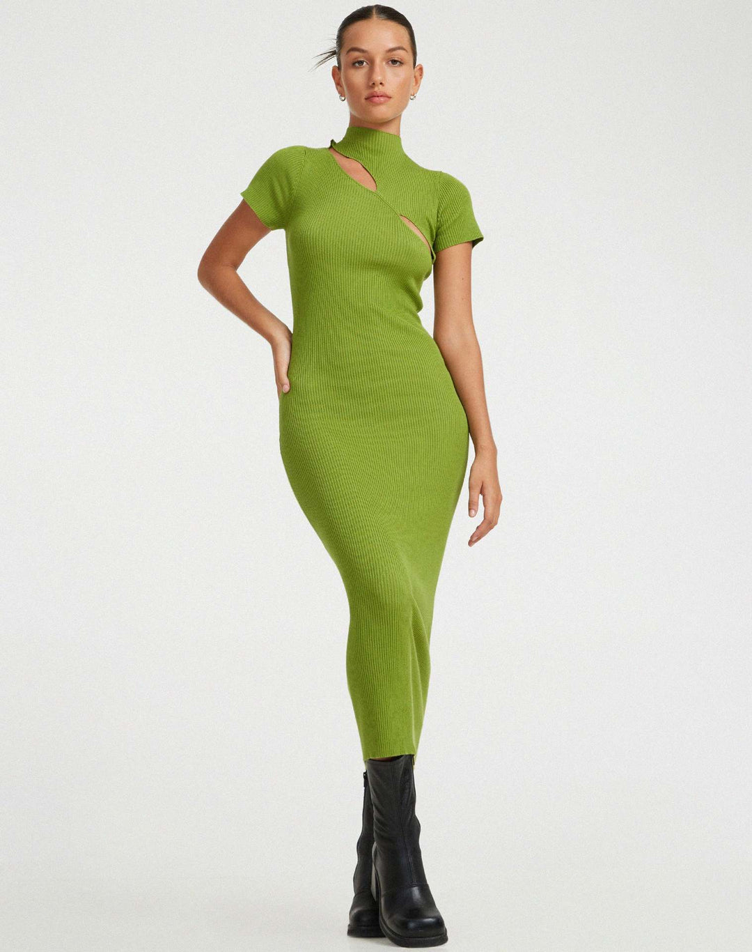 Damen figurbetontes Strickkleid mit asymmetrischem Ausschnitt und hohem Kragen EB