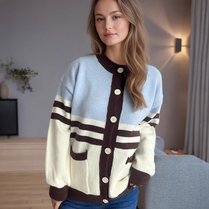 Damen Strickjacke mit modischen Streifen und praktischen Taschen EB