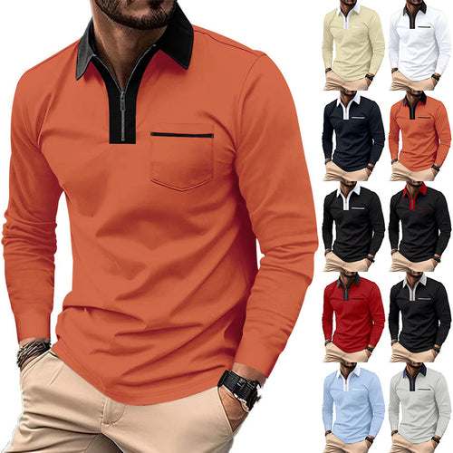 Herren nan elegantes Langarm-Poloshirt mit markantem Stehkragen Metall-Kurzreißverschluss und Brustleistentasche EB