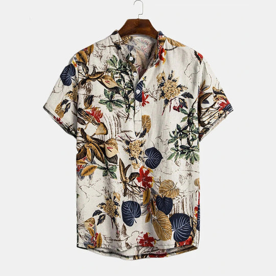 Herren Kurzarm-Henley-Hemd mit floralem Design und hochwertigem Baumwollmaterial EB