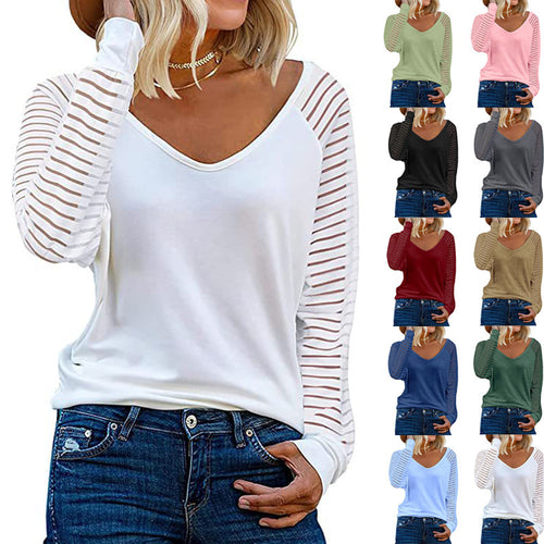 Damen Langärmliges V-Ausschnitt Shirt mit gestreiften Ärmeln EB
