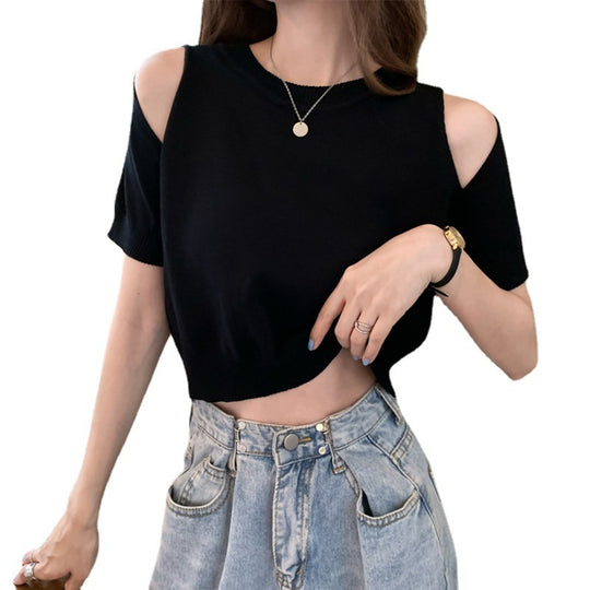 Damen Cropped Top mit schulterfreiem Design und modernem Strickmuster EB