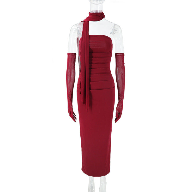 Damen figurbetontes Abendkleid mit Schulterband und langen Handschuhen EB