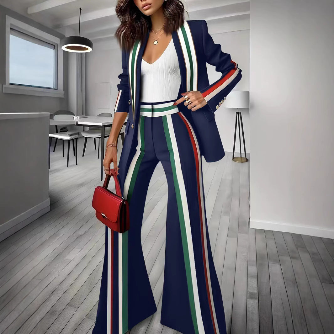 Damen Elegantes Blazer‑Hosenensemble mit seitlichen Kontraststreifen und weitem Schlag EB
