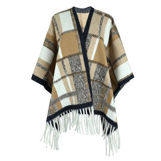 Damen eleganter Poncho mit modernem Karomuster und Fransen EB